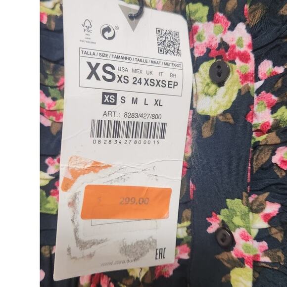 ZARA NWT Navy Floral Design buttons on back Puff Sleeves Top XS - Picture 6 of 9